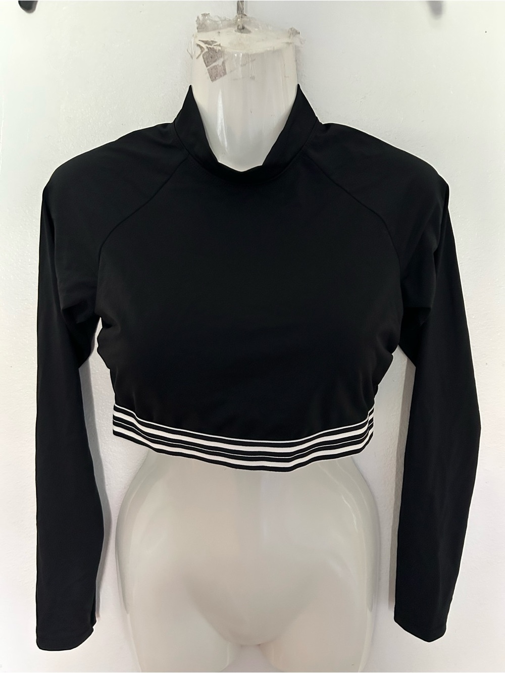 Athleta Black Long Sleeve Swim Crop Top with White Striped Hem built in bra